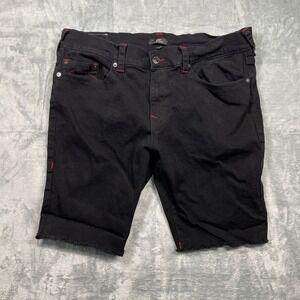 True Religion Mens Ricky Relaxed Straight Black Denim Shorts Fray Hem Size 38